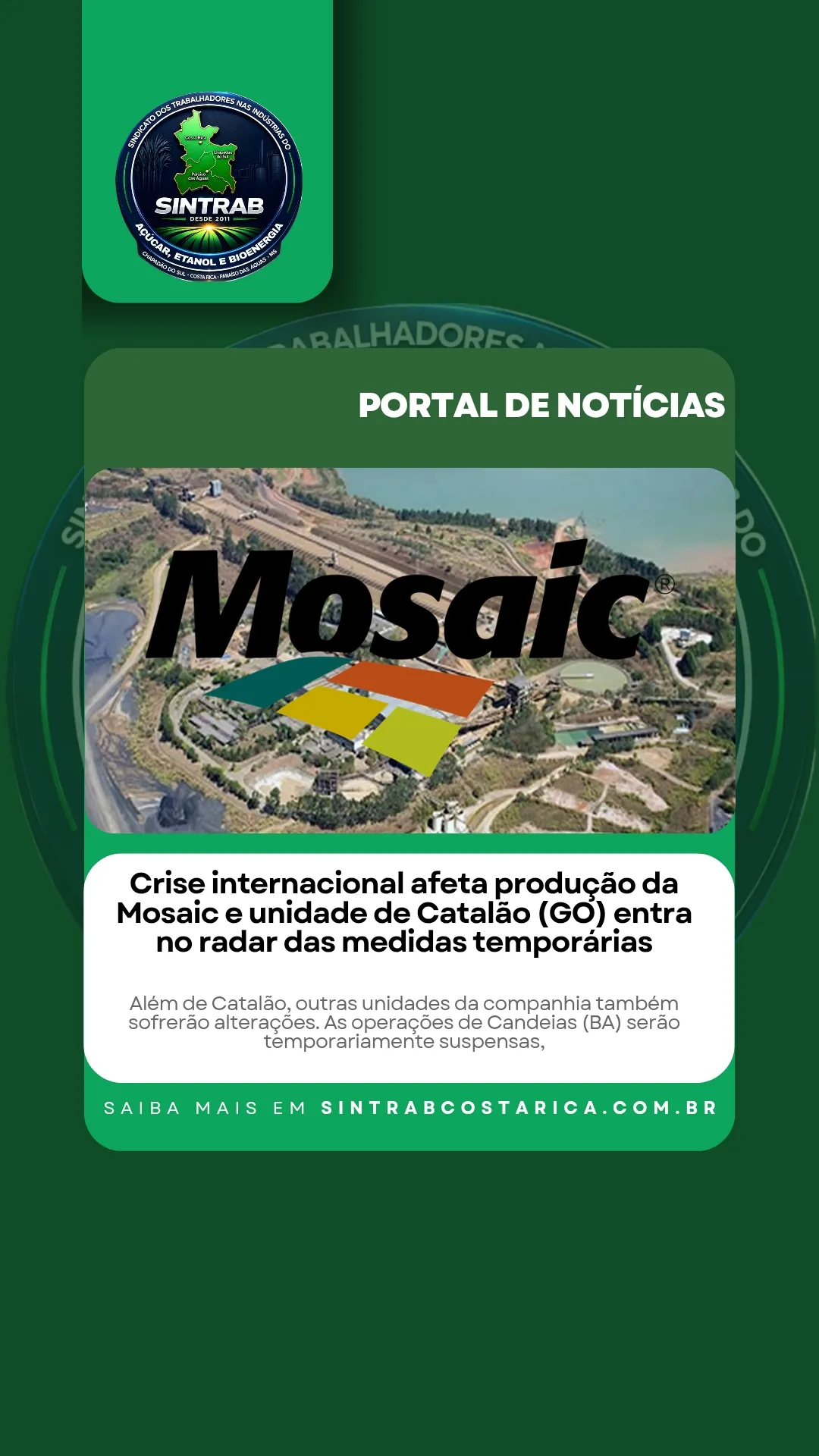 Crise internacional afeta produção da Mosaic e unidade de Catalão (GO) entra no radar das medidas temporárias