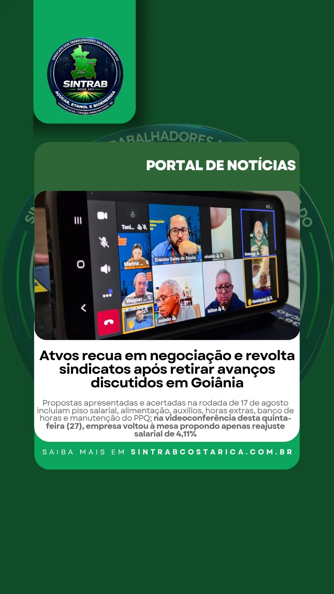Atvos recua em negociação e revolta sindicatos após retirar avanços discutidos em Goiânia